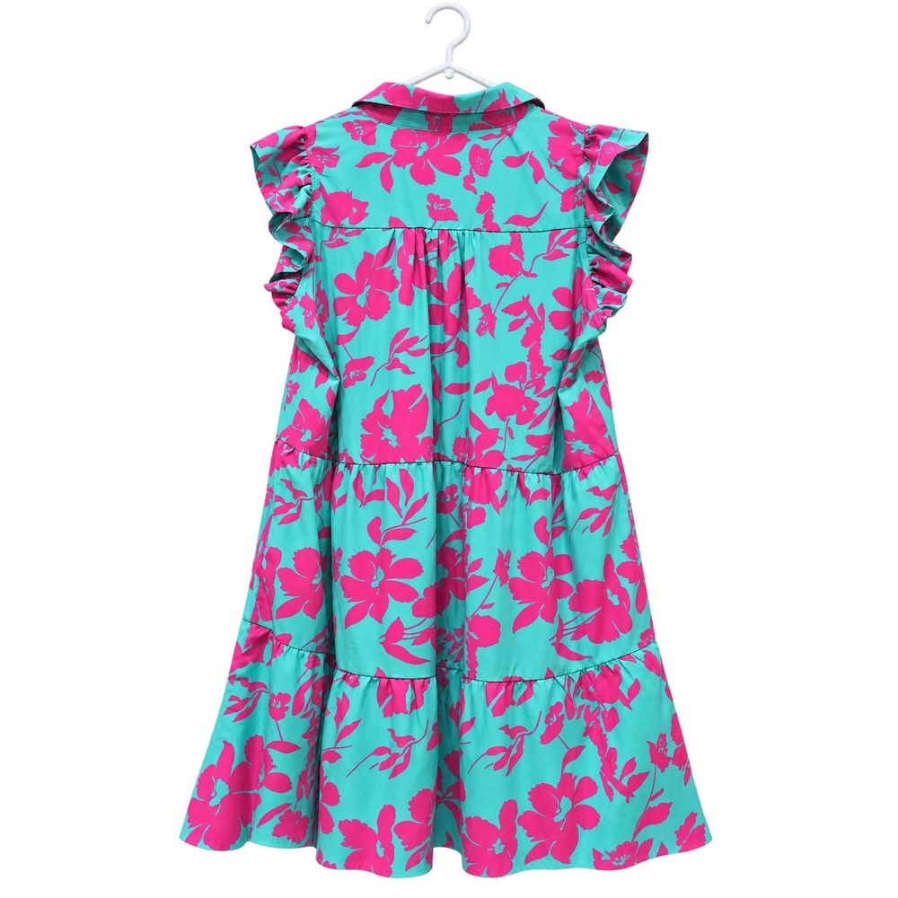 Umgee Floral Tiered Ruffle Mini Dress Women 2XL Teal Pink - Picture 2 of 2